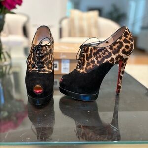 Christian Louboutin Leopard Print Peep Toe Platform Booties